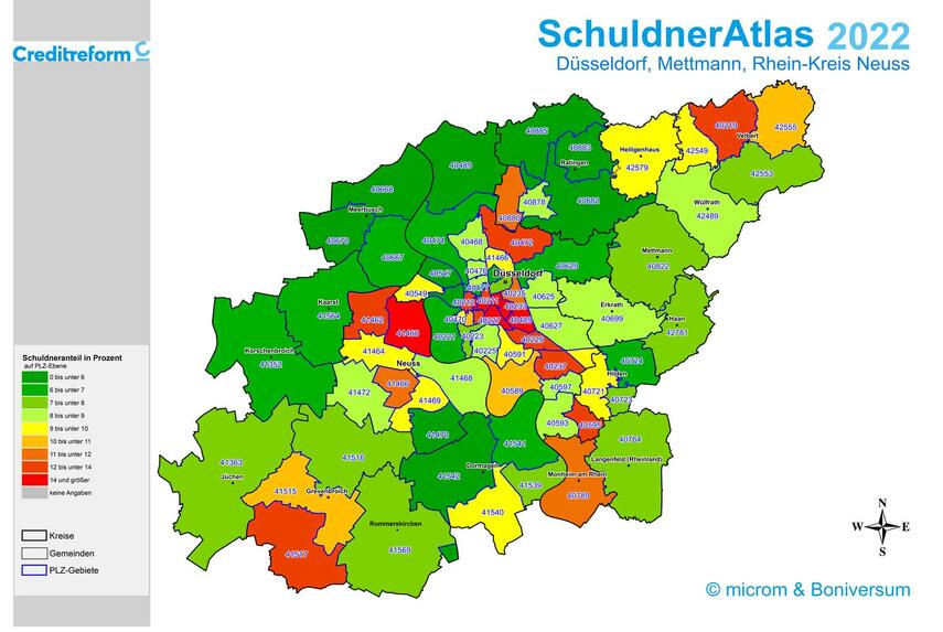 SchuldnerAtlas Regionalraum Düsseldorf 2022: Überschuldung von Verbrauchern